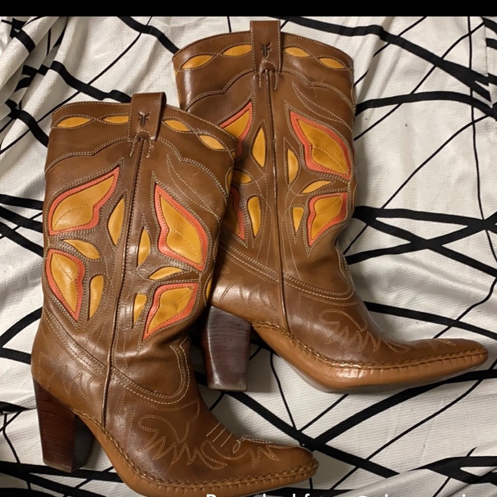 Frye Brown Leather Western Heeled Boots with Yellow & Orange Inlays - Picture 5 of 6
